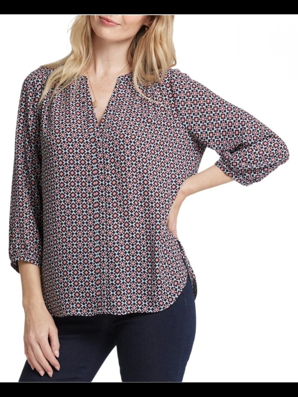 NYDJ Navy and Pink Geometric Split V-Neck Blouse